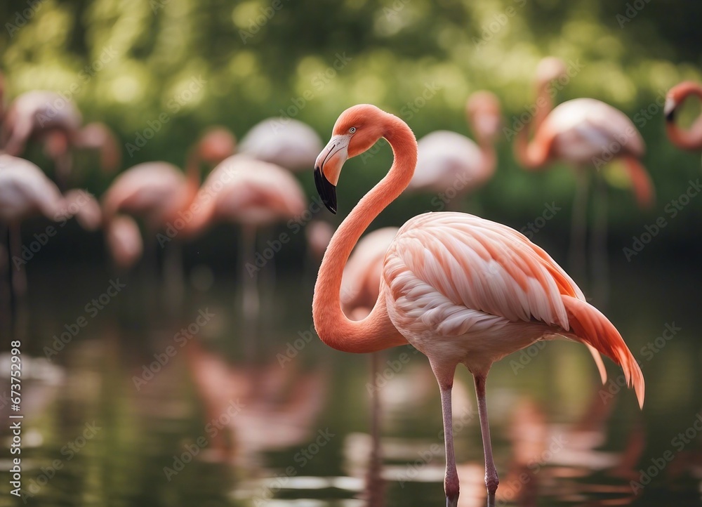 Obraz premium portrait of Flamingo standing at the river, summer time, other flamingos are blurry at background