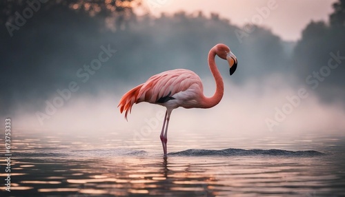 portrait of Flamingo standing at the river  foggy heavy foggy weather