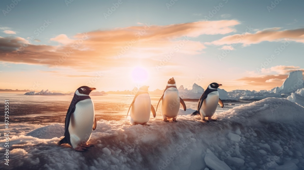 Group of cute penguins standing on ice in antarctica at sunset