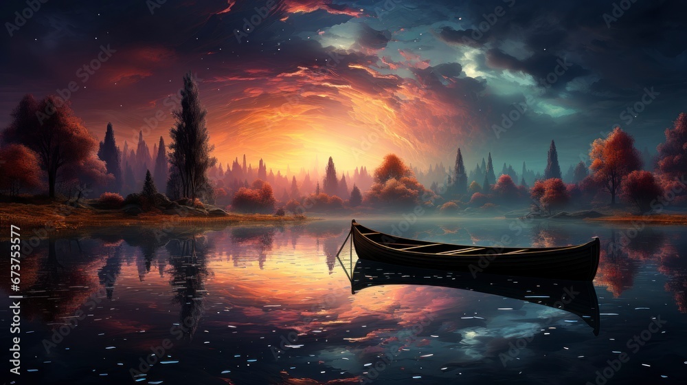 Digital painting of a boat on a lake under a starry night sky Stock ...
