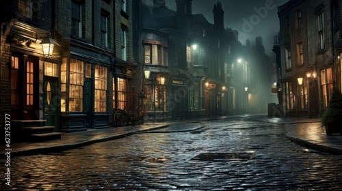 Victorian london on a foggy evening with gaslights and cobblestone street photo