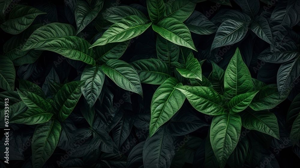 Fototapeta premium Green leaves floral jungle pattern on dark background