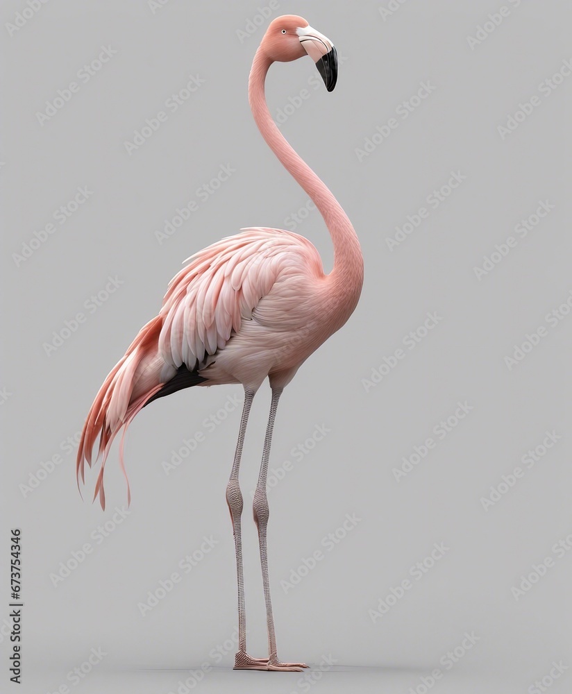 Fototapeta premium portrait of pink flamingo, isolated grey background