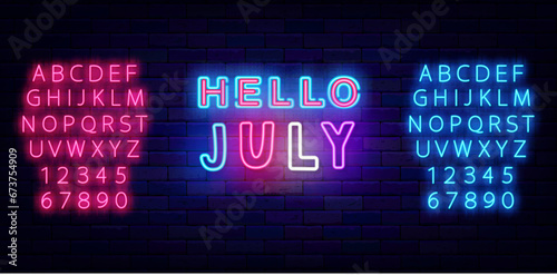 Hello July neon label. Colorful handwritten text. Summer greeting card. Shiny blue and pink font. Vector illustration