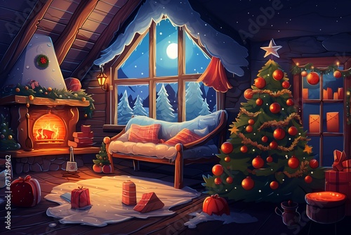 Illustrazione di una casa addobbata a festa  Natale  atmosfera accogliente  neve alla finestra