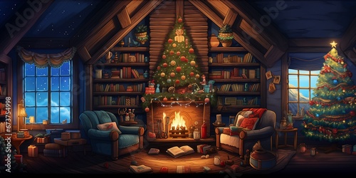 Illustrazione di una casa addobbata per Natale, camino acceso, atmosfera famigli Fototapet