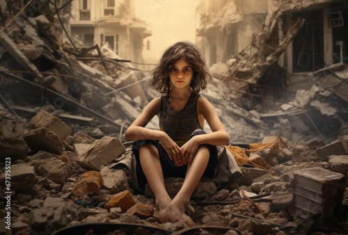 poor child in a destroyed and abandoned building. girl in dirty clothes after an earthquake or war. photo