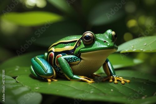 green frog on a leaf, black eyed frog sitting on tree branch