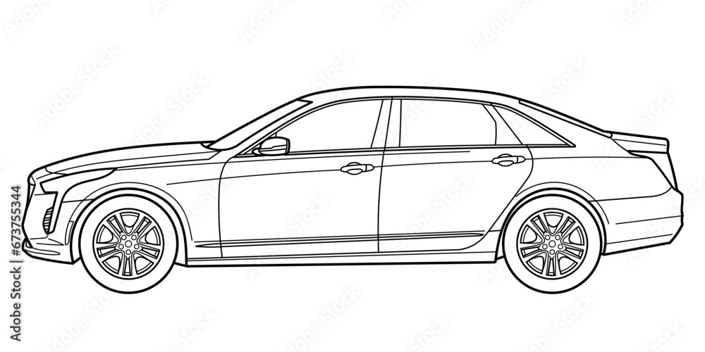 Classic business luxary american class sedan car. 4 door car on white background. Side view shot. Outline doodle vector illustration