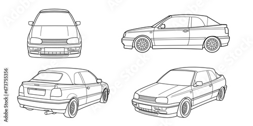 Set of coupe convertible sport car. Style of 80s, 90s. Different five view shot - front, rear, side and 3d. Outline doodle vector illustration	
