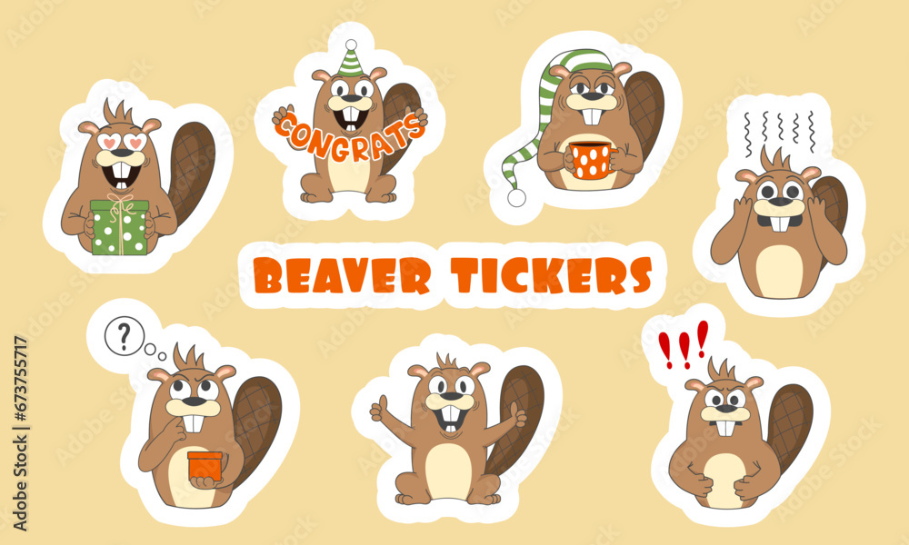 Vector set of stickers of cute cartoon beavers. Pictures for children's design, nursery, postcards, books, stickers, print for clothes, sticker.