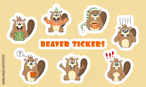 Fototapeta Naklejka Na Ścianę i Meble -  Vector set of stickers of cute cartoon beavers. Pictures for children's design, nursery, postcards, books, stickers, print for clothes, sticker.