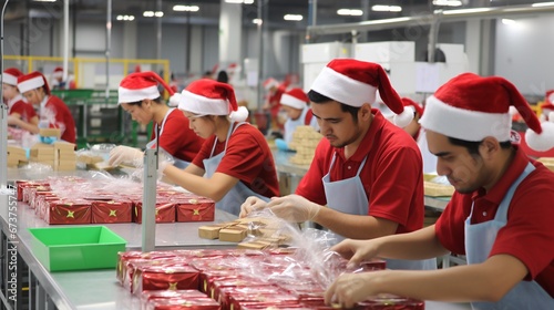 Impiegati in una catena di montaggio vestiti in tema natalizio fanno pacchetti regalo photo