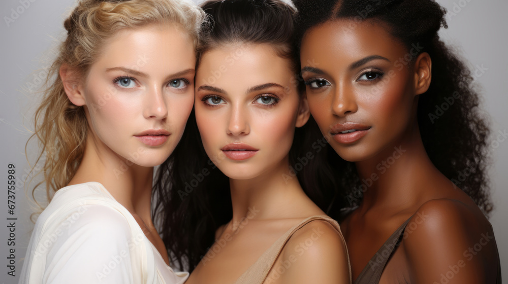 Portrait of attractive models posing. Make-up, smooth skin. Natural light. Fashion concept Portrait of attractive models posing. Make-up, smooth skin. Natural light. Fashion concept