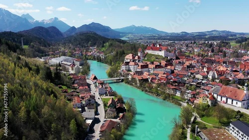 Aerial view of Fuessen with a view of the Lech river, the Benedictine monastery of St. Mang and the high castle. Ostallgaeu Swabia, Bavaria, Germany, Europe photo