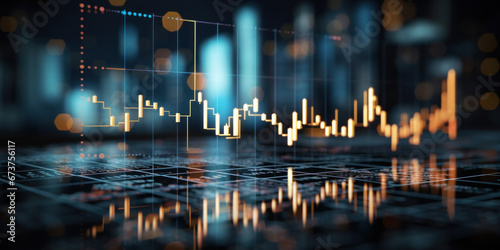 Perspective view of stock market growth, business investing and data concept with digital financial chart graphs, diagrams and indicators on dark blue blurry background