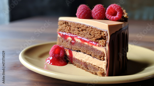 Chocolate layer cake slice with dulce de leech butter