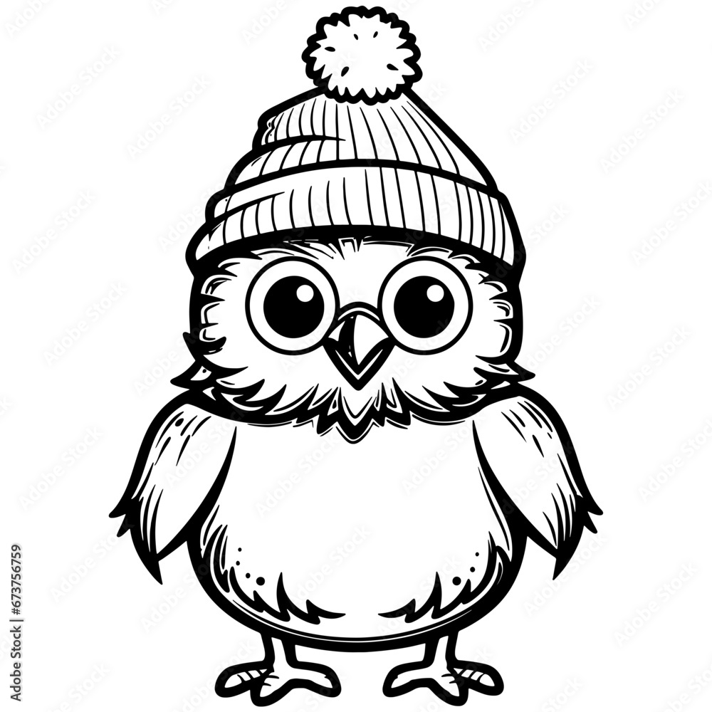 Fototapeta premium line art of a cute Christmas bird with hat , Svg file, black and white, outline art, coloring book.