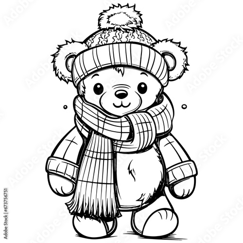 Line art Christmas teddy with a hat and a scarf , Svg file, black and white, outline art, coloring book.