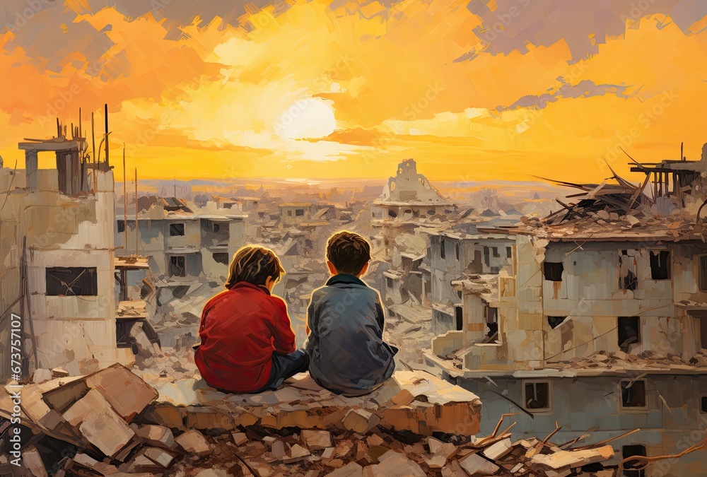 child looking down at a destroyed city after an earthquake or war Stock ...