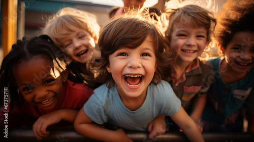 Small children play together in a playground, shows importance of play, social development, and the simple pleasures of being with friends in a safe and fun environment.