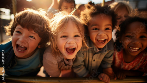 Small children play together in a playground, shows importance of play, social development, and the simple pleasures of being with friends in a safe and fun environment.
