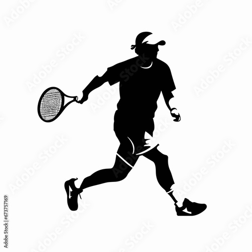 Tennis player black icon on white background. Male tennis player silhouette