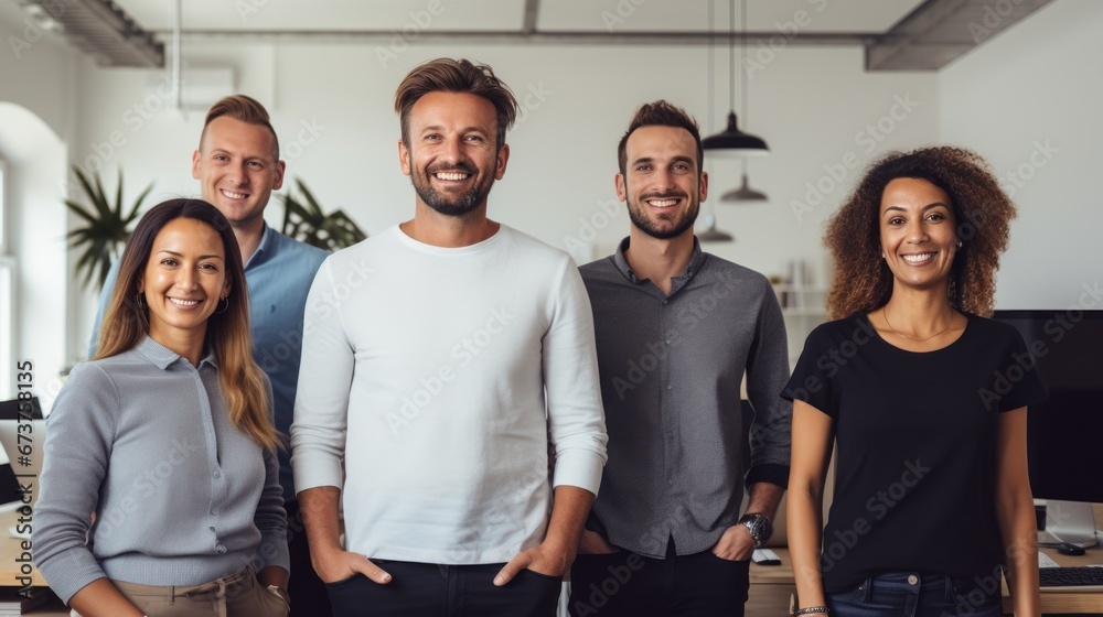 Diverse creative team looking happy. Diverse working culture group of persons is in their startup office wearing informal clothes people are smiling most persons are standing. - obrazy, fototapety, plakaty 