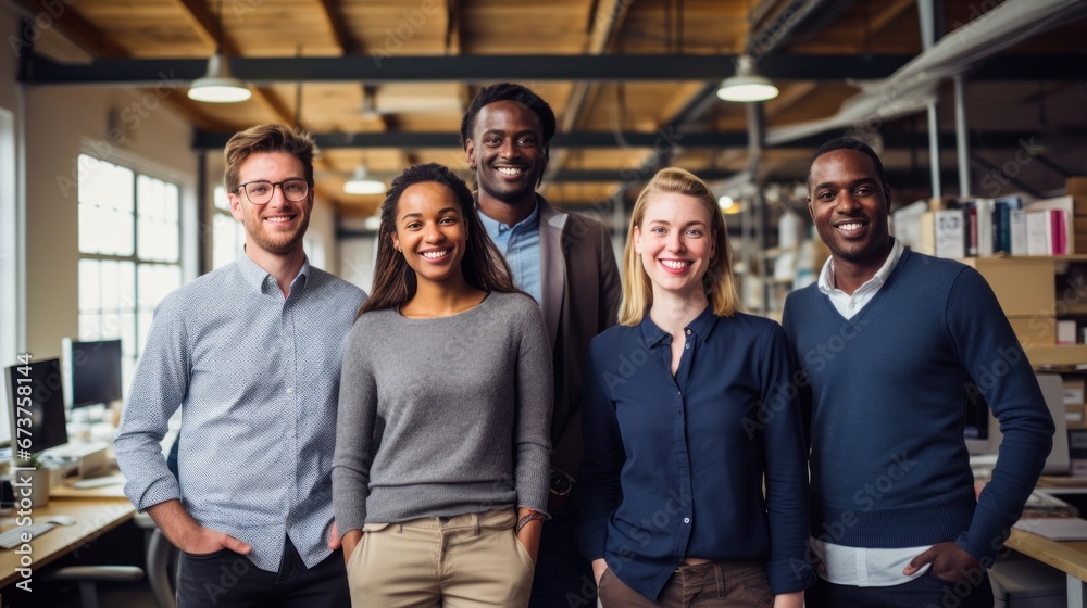 Diverse creative team looking happy. Diverse working culture group of persons is in their startup office wearing informal clothes people are smiling most persons are standing. Diverse creative team looking happy. Diverse working culture group of persons is in their startup office wearing informal clothes people are smiling most persons are standing.