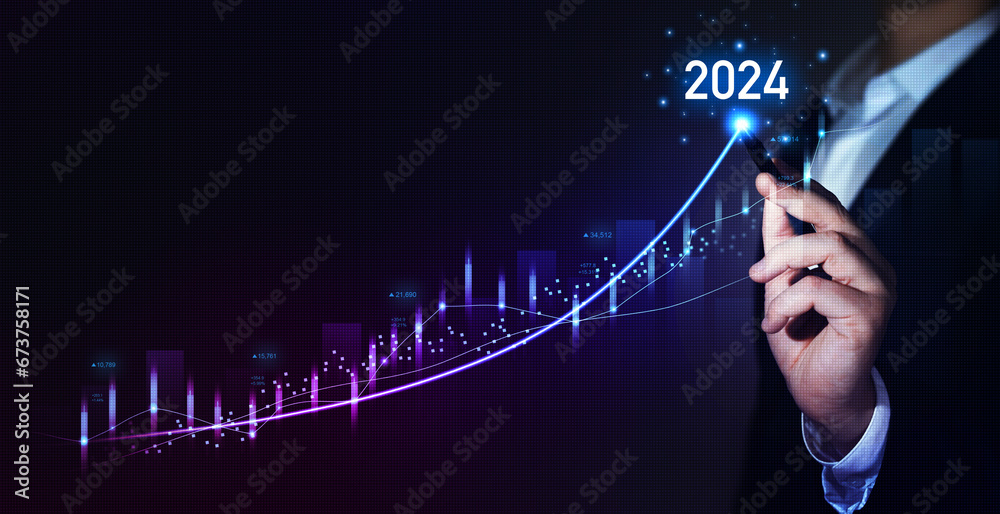 Businessman draw growth graph a year 2024 of business and data analysis. Development to success in year 2024. - obrazy, fototapety, plakaty 