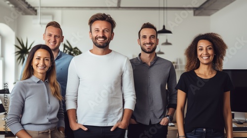 Diverse creative team looking happy. Diverse working culture group of persons is in their startup office wearing informal clothes people are smiling most persons are standing. photo