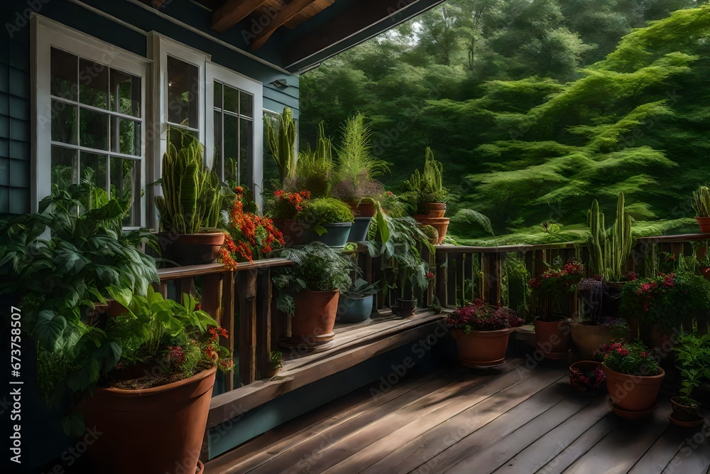 Arrange plants along the porch railing.