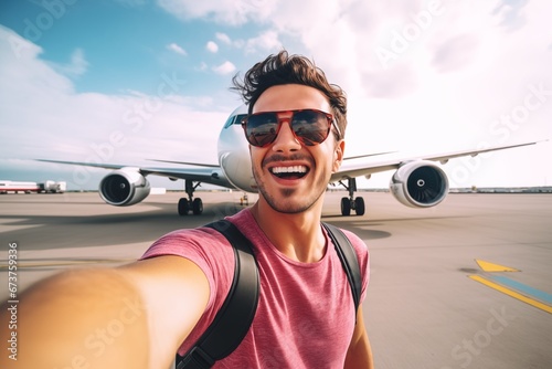 happy smiling young man in sunglasses taking selfie with smart mobile phone in front of air plane, travel lifestyle and vacation concept
