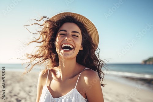 happy beautiful young woman smiling at the beach enjoying sunny day, travel and healthy lifestyle concept