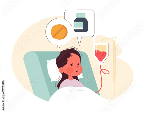 Ill little girl lying in hospital ward bed. Neglected child struggling with physical health problems. Absence and uninvolvement of dad, lack of parental interest to a child. Flat vector illustration