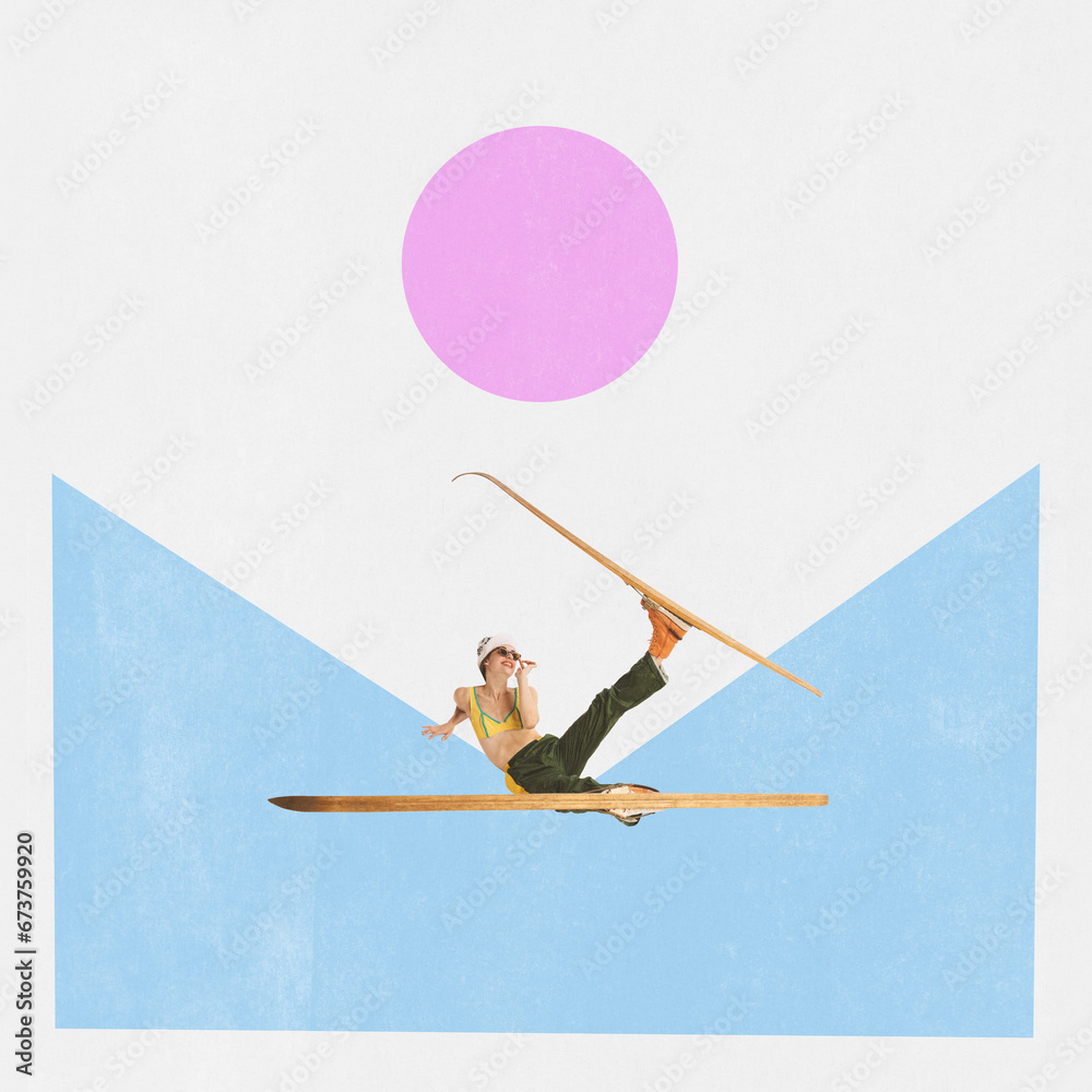 Poster. Contemporary art collage. Modern creative artwork. Happy girl in retro swimwear lay in valley on snow in skis and having fun. Concept of happy holidays. Poster. Contemporary art collage. Modern creative artwork. Happy girl in retro swimwear lay in valley on snow in skis and having fun. Concept of happy holidays.
