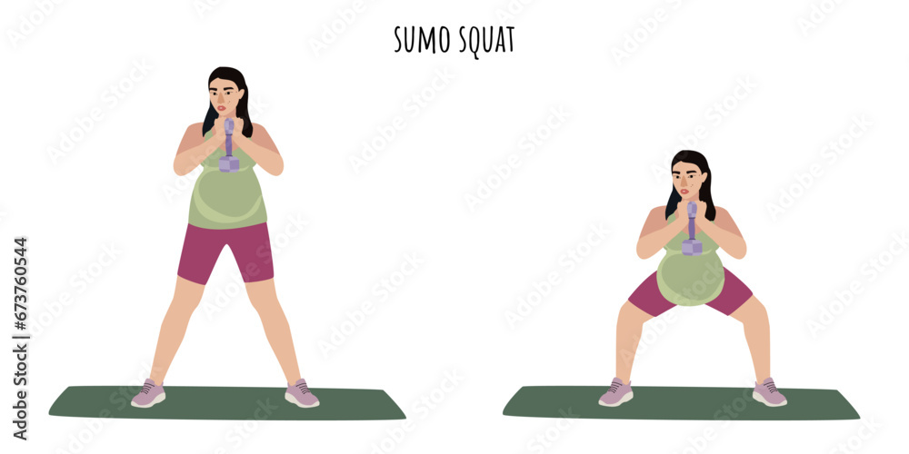 Asian pregnant woman doing sumo squat exercise