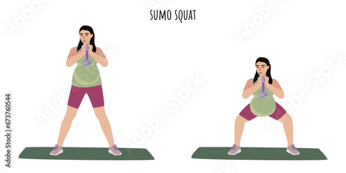 Asian pregnant woman doing sumo squat exercise
