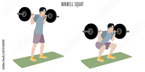 Asian young man doing barbell squat exercise