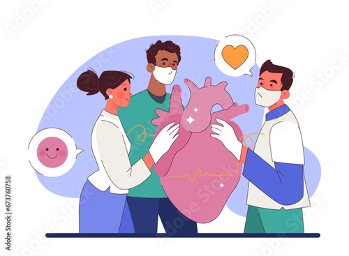 Humanizing healthcare. Modern physician approach on medical treatment and patient assistance. Doctor ethical commitment and alliance. Flat vector illustration