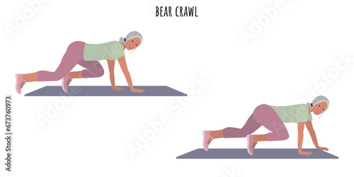 Senior woman doing bear crawl exercise