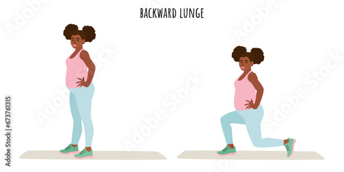 Young pregnant woman doing backward lunge exercise