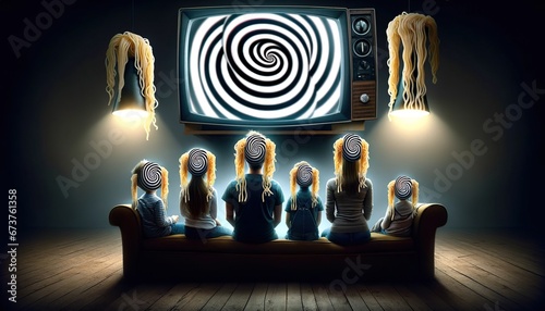 Family entranced by television, spirals in eyes and noodles on ears denote deception photo