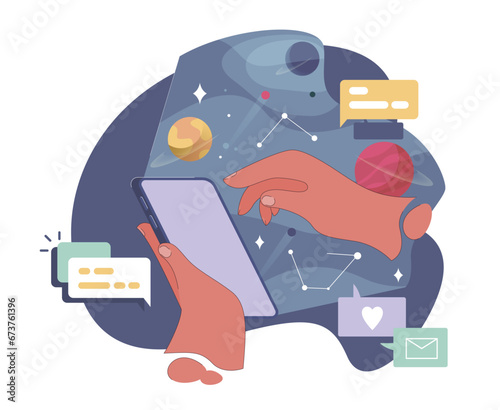 Loneliness. Unhappy person, astronaut left alone in space. Character suffering from solitude. Modern communication problem and self-isolation. Flat vector illustration