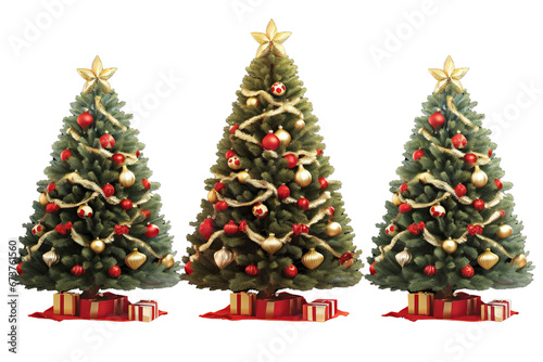 Set of Christmas tree decorations with lights, red and golden balls, and gift boxes isolated on a white or transparent background