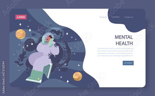 Loneliness web banner or landing page. Unhappy person, astronaut left alone in space. Character suffering from solitude. Modern communication problem and self-isolation. Flat vector illustration