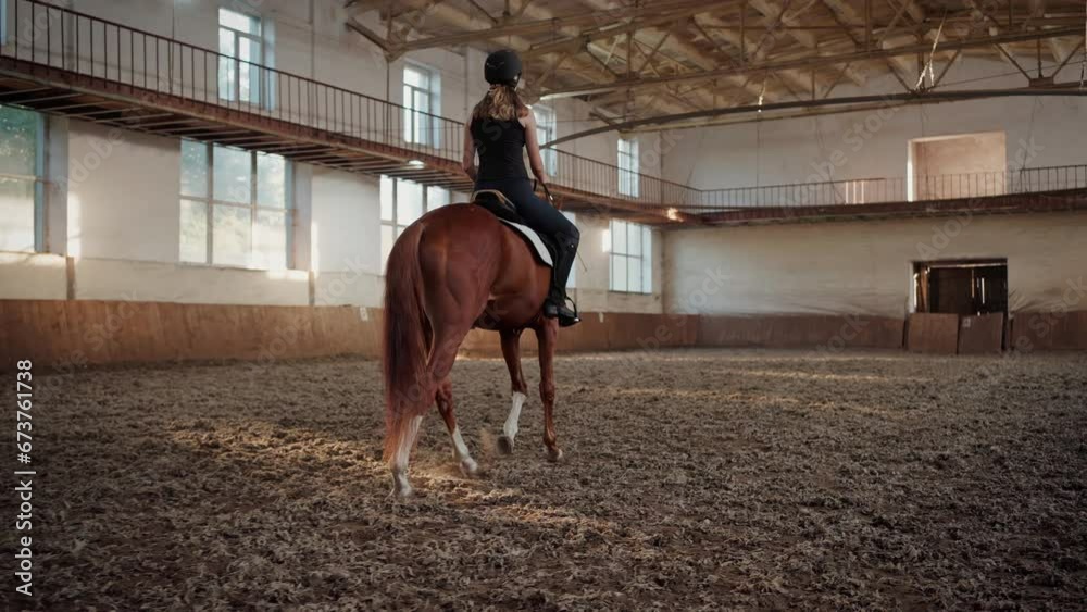 Instructor with helmet rides chestnut horse along arena Instructor with helmet rides chestnut horse along arena