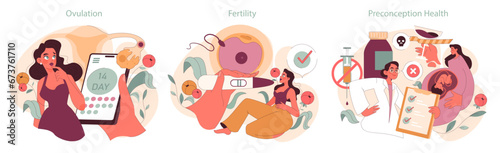 Illustrative guide on women's reproductive health, showcasing ovulation tracking, fertility tests, and preconception care. Emphasizes awareness, informed choices, and expert consultation photo