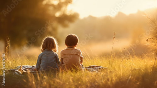 small boy and girl sitting on the grass. childhood and friendship