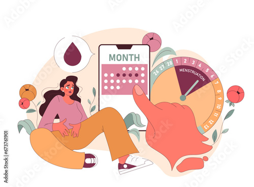 Menstrual Cycle concept. A woman, alongside digital calendar and clock highlighting menstrual days, navigates the intricacies of her cycle. Monthly physiological journey. Flat vector illustration.
